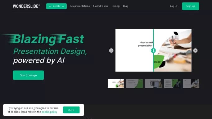 Wonderslide AI — бесплатная нейросеть для создания презентаций. Бесплатная версия с ограниченным функционалом, есть платные тарифы.