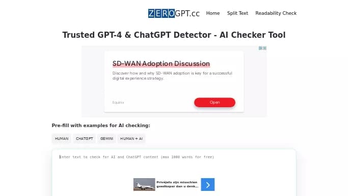 ZeroGPT — бесплатная нейросеть для определения ИИ, для копирайтинга.