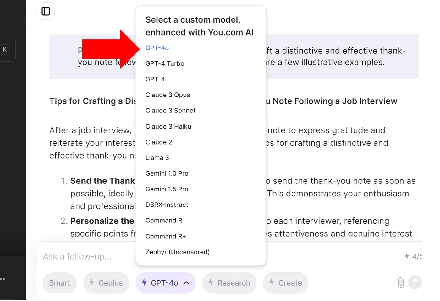 5 БЕСПЛАТНЫХ способов попробовать новую модель GPT-4o от OpenAI. Выбор модели на сайте You.com