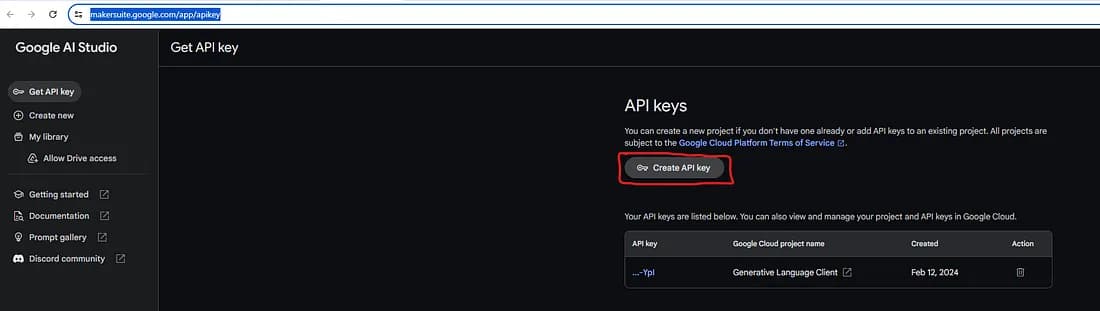 Создание ключа API в Google AI Studio