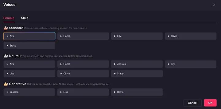 Pollo AI. Выбор из встроенных голосовых опций